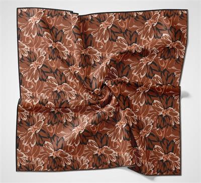 Pamuk Polyester Eşarp Turuncu-Siyah Yavruağzı Ekru Botanik Desenli Soft Dokulu Tok Duruşlu 90x90