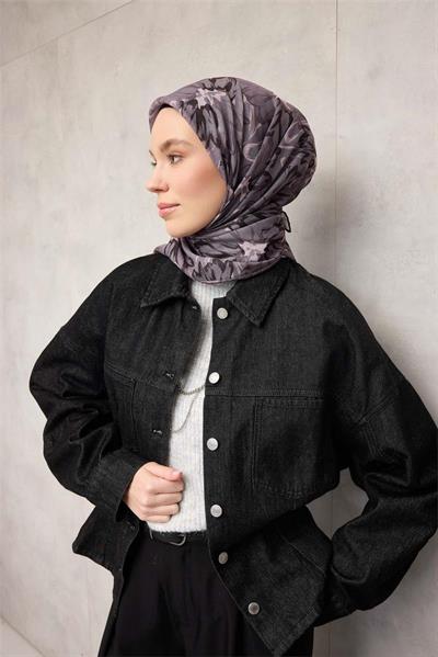 Pamuk Polyester Soft Eşarp Soluk Mor Botanik Desenli Kaymaz Dokulu Tok Duruşlu 90x90