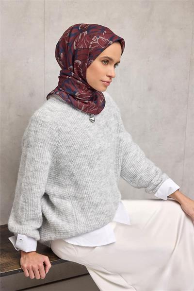 Pamuk Polyester Eşarp Kiremit-Bordo Taş Lacivert Siyah Botanik Desenli Soft Dokulu Tok Duruşlu 90x90
