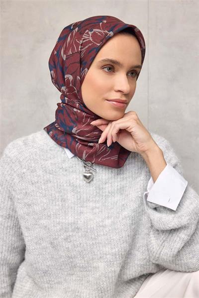 Pamuk Polyester Eşarp Kiremit-Bordo Taş Lacivert Siyah Botanik Desenli Soft Dokulu Tok Duruşlu 90x90