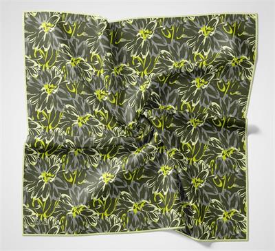 Pamuk Polyester Eşarp Yeşil-Fosfor Sarı Gri Krem Botanik Desenli Soft Dokulu Tok Duruşlu 90x90