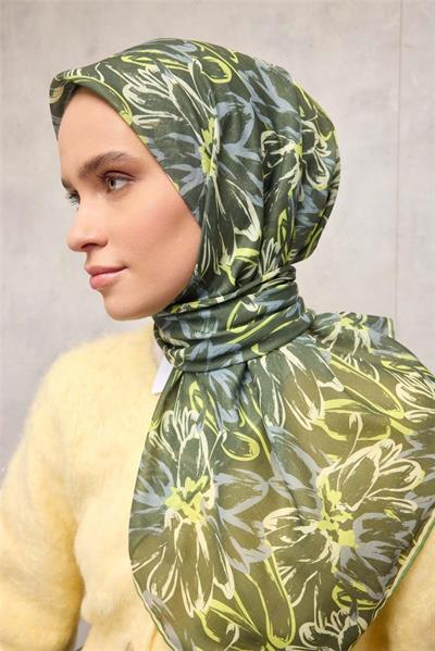 Pamuk Polyester Eşarp Yeşil-Fosfor Sarı Gri Krem Botanik Desenli Soft Dokulu Tok Duruşlu 90x90