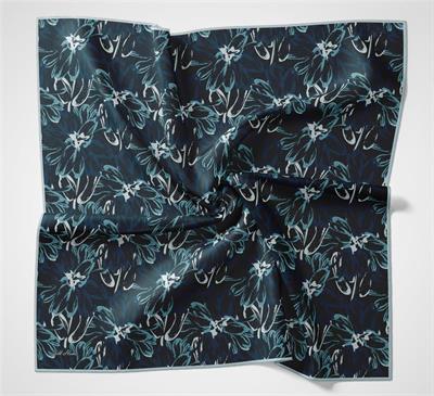 Pamuk Polyester Eşarp Lacivert-Çamgöbeği Beyaz Gece Mavisi Botanik Desenli Soft Dokulu Tok Duruşlu 90x90