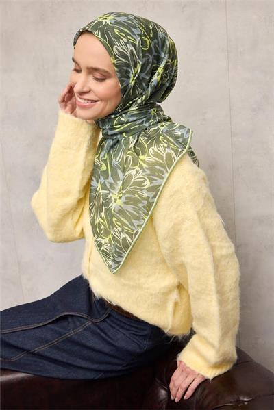 Pamuk Polyester Eşarp Yeşil-Fosfor Sarı Gri Krem Botanik Desenli Soft Dokulu Tok Duruşlu 90x90
