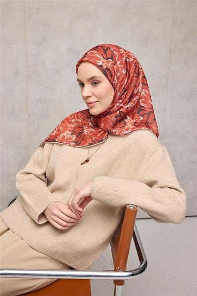 Pamuk Polyester Eşarp Turuncu-Siyah Yavruağzı Ekru Botanik Desenli Soft Dokulu Tok Duruşlu 90x90