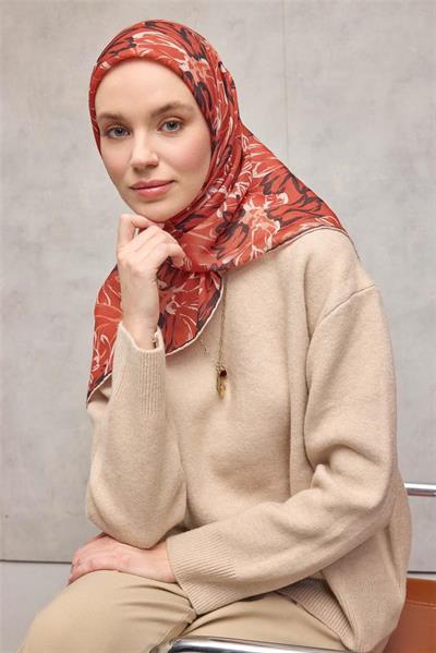 Pamuk Polyester Eşarp Turuncu-Siyah Yavruağzı Ekru Botanik Desenli Soft Dokulu Tok Duruşlu 90x90