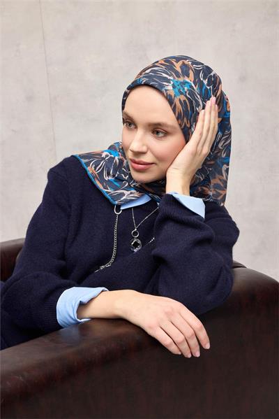 Pamuk Polyester Eşarp Koyu Lacivert-Mavi Krem Turuncu Botanik Desenli Soft Dokulu Tok Duruşlu 90x90