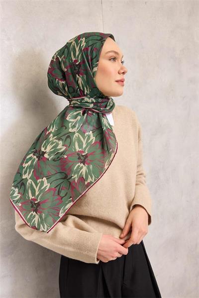 Pamuk Polyester Eşarp Çimen Yeşili-Fuşya Bej Siyah Botanik Desenli Soft Dokulu Tok Duruşlu 90x90