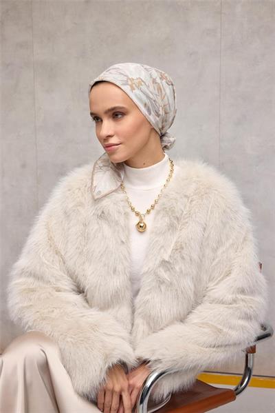 Pamuk Polyester Soft Eşarp Bej Botanik Desenli Tok Duruşlu 90x90