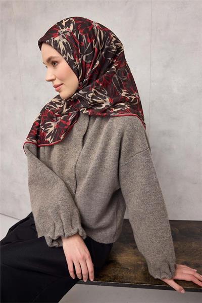 Pamuk Polyester Eşarp Siyah-Kırmızı Bej Vizon Botanik Desenli Soft Dokulu Tok Duruşlu 90x90