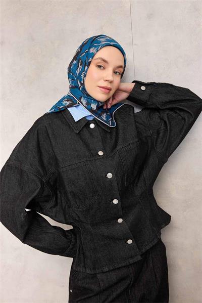 Pamuk Polyester Eşarp Pastel Mavi Büyük Papatya Desenli Soft Dokulu Kaymaz 90x90