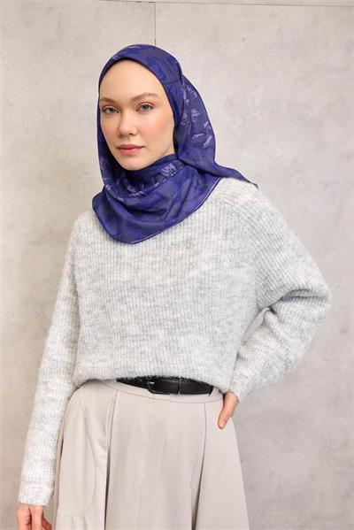 Pamuk Polyester Soft Eşarp Violet Büyük Papatya Desenli Kaymaz Dokulu 90x90