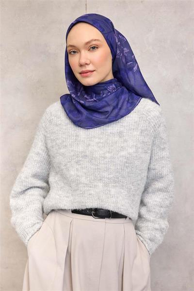 Pamuk Polyester Soft Eşarp Violet Büyük Papatya Desenli Kaymaz Dokulu 90x90