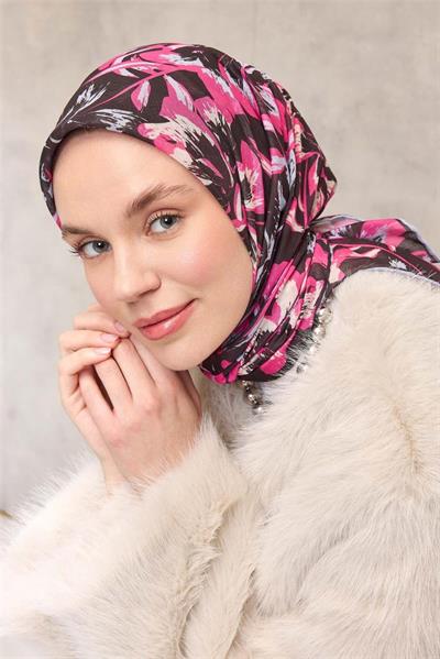 Pamuk Polyester Soft Eşarp Siyah Fuşya Büyük Papatya Desenli Tok Duruşlu 90x90