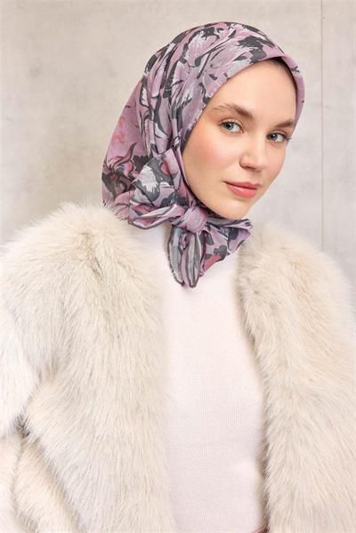Pamuk Polyester Eşarp Toz Pembe Büyük Papatya Desenli Soft Dokulu Kaymaz 90x90