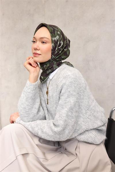 Pamuk Polyester Eşarp Koyu Siyah Büyük Papatya Desenli Soft Dokulu Kaymaz 90x90