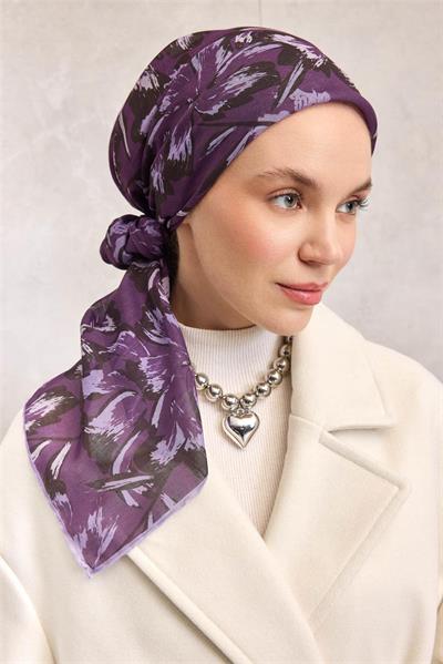 Pamuk Polyester Eşarp Mor Büyük Papatya Desenli Soft Dokulu Kaymaz 90x90