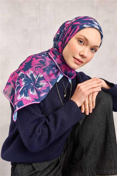 Pamuk Polyester Soft Eşarp Mavi Fuşya Büyük Papatya Desenli Tok Duruşlu 90x90