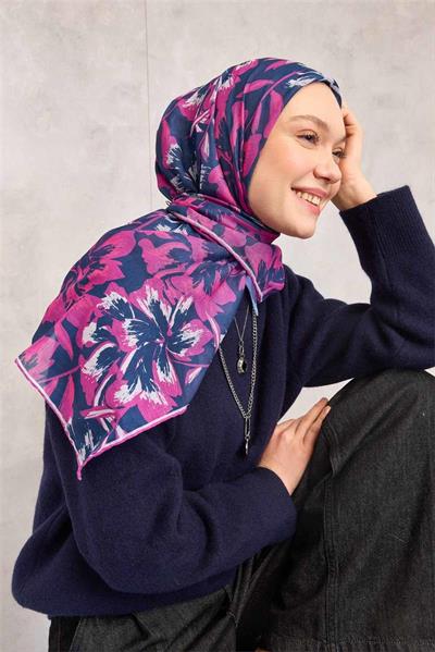 Pamuk Polyester Soft Eşarp Mavi Fuşya Büyük Papatya Desenli Tok Duruşlu 90x90