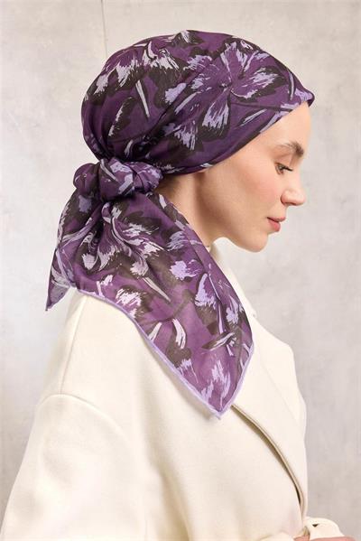 Pamuk Polyester Eşarp Mor Büyük Papatya Desenli Soft Dokulu Kaymaz 90x90