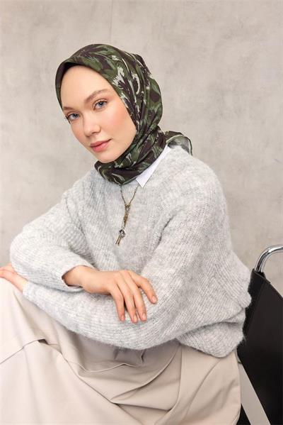 Pamuk Polyester Eşarp Koyu Siyah Büyük Papatya Desenli Soft Dokulu Kaymaz 90x90