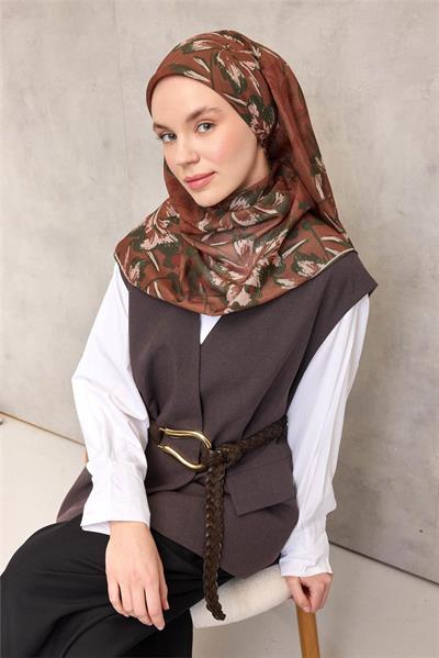 Pamuk Polyester Eşarp Kiremit Büyük Papatya Desenli Soft Dokulu Kaymaz 90x90