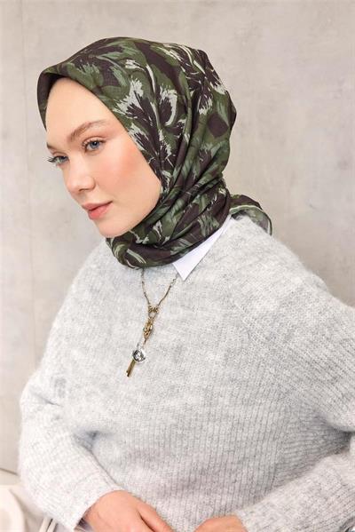 Pamuk Polyester Eşarp Koyu Siyah Büyük Papatya Desenli Soft Dokulu Kaymaz 90x90