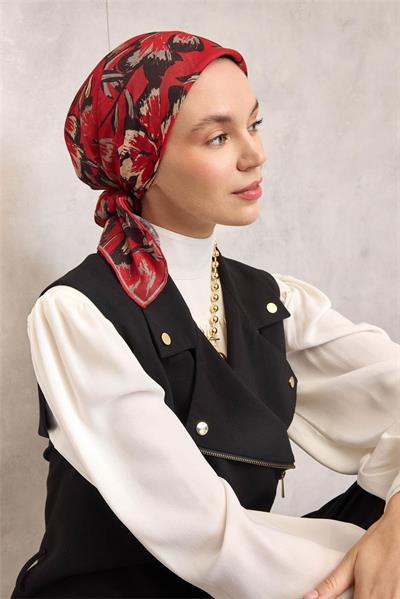 Pamuk Polyester Eşarp Bayrak Kırmızısı Büyük Papatya Desenli Soft Dokulu Kaymaz 90x90