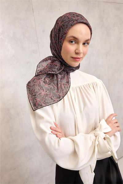 Pamuk Polyester Soft Eşarp Duman Ton Çiçek Desenli Kaymaz Dokulu 90x90