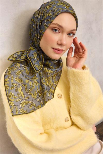 Pamuk Polyester Soft Eşarp Füme Çiçek Desenli Kaymaz Dokulu 90x90