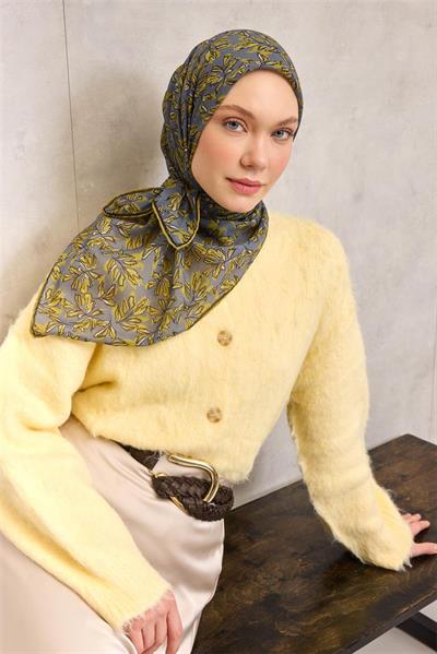 Pamuk Polyester Soft Eşarp Füme Çiçek Desenli Kaymaz Dokulu 90x90