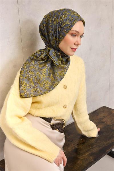 Pamuk Polyester Soft Eşarp Füme Çiçek Desenli Kaymaz Dokulu 90x90