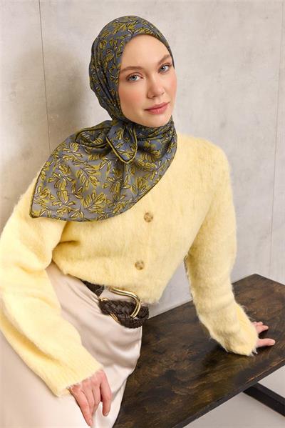 Pamuk Polyester Soft Eşarp Füme Çiçek Desenli Kaymaz Dokulu 90x90
