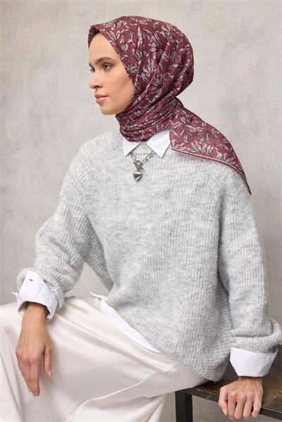 Pamuk Polyester Soft Eşarp Gül Kurusu Çiçek Desenli Kaymaz Dokulu 90x90