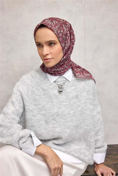 Pamuk Polyester Soft Eşarp Gül Kurusu Çiçek Desenli Kaymaz Dokulu 90x90