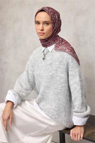 Pamuk Polyester Soft Eşarp Gül Kurusu Çiçek Desenli Kaymaz Dokulu 90x90