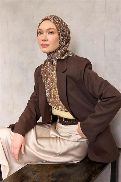 Pamuk Polyester Soft Eşarp Hardal Ton Çiçek Desenli Kaymaz Dokulu 90x90