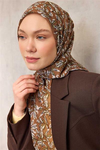 Pamuk Polyester Soft Eşarp Hardal Ton Çiçek Desenli Kaymaz Dokulu 90x90