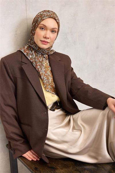 Pamuk Polyester Soft Eşarp Hardal Ton Çiçek Desenli Kaymaz Dokulu 90x90