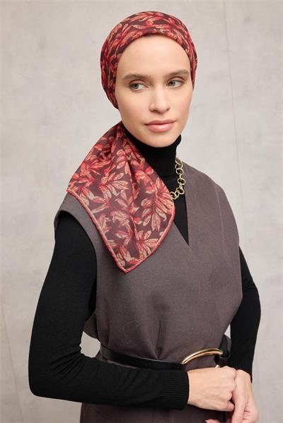 Pamuk Polyester Soft Eşarp Kahverengi Çiçek Desenli Kaymaz Dokulu 90x90