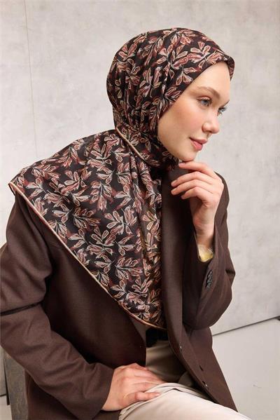 Pamuk Polyester Soft Eşarp Koyu Kahverengi Çiçek Desenli Kaymaz Dokulu 90x90