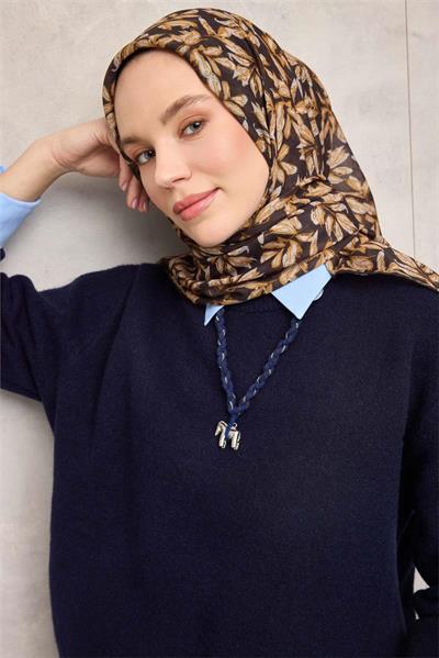 Pamuk Polyester Soft Eşarp Koyu Siyah Çiçek Desenli Kaymaz Dokulu 90x90