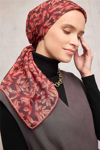 Pamuk Polyester Soft Eşarp Kahverengi Çiçek Desenli Kaymaz Dokulu 90x90