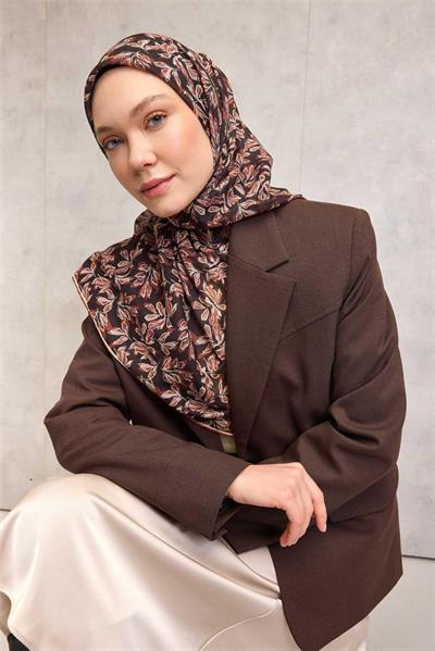 Pamuk Polyester Soft Eşarp Koyu Kahverengi Çiçek Desenli Kaymaz Dokulu 90x90