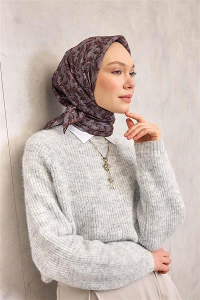 Pamuk Polyester Soft Eşarp Kahve Ton Çiçek Desenli Kaymaz Dokulu 90x90