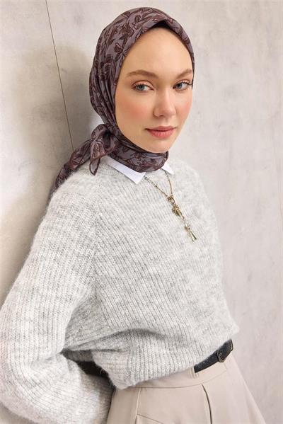 Pamuk Polyester Soft Eşarp Kahve Ton Çiçek Desenli Kaymaz Dokulu 90x90