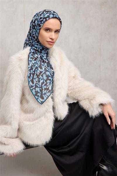 Pamuk Polyester Eşarp Siyah Mavi Çiçek Desenli Tok Duruşlu 90x90