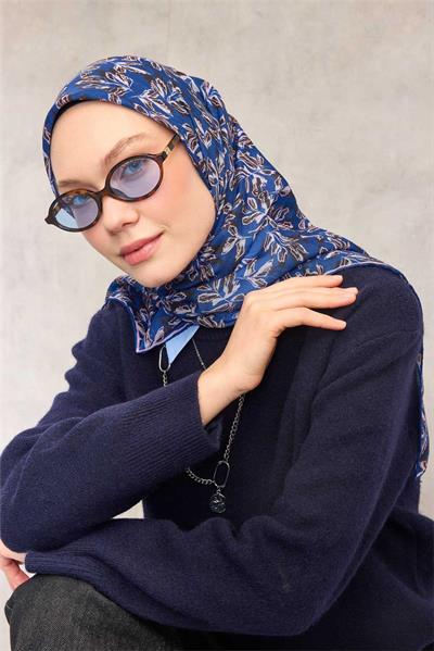 Pamuk Polyester Soft Eşarp Saks Mavisi Çiçek Desenli Kaymaz Dokulu 90x90