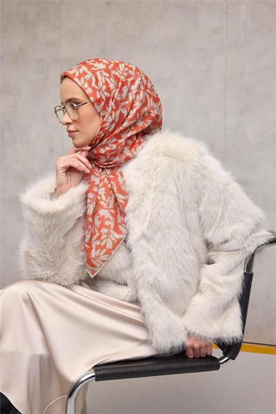 Pamuk Polyester Soft Eşarp Turuncu Çiçek Desenli Kaymaz Dokulu Tok Duruşlu 90x90