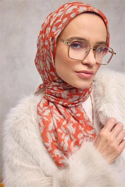 Pamuk Polyester Soft Eşarp Turuncu Çiçek Desenli Kaymaz Dokulu Tok Duruşlu 90x90